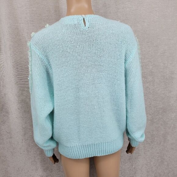 Debra Martin Vintage Women's Mint Blue Knit Sweater Lace Pearl Embellished - Picture 6 of 11